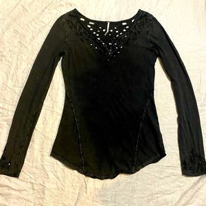 Free People Grey Long Sleeve Lace Detail Top Slub Knit Distressed Size Sm
